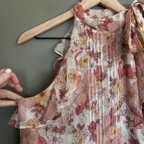 VERONICA BEARD Dali Top Floral Silk Sz 6 Pink Metallic Tie Neck Sleeveless Bouse - Picture 7 of 14